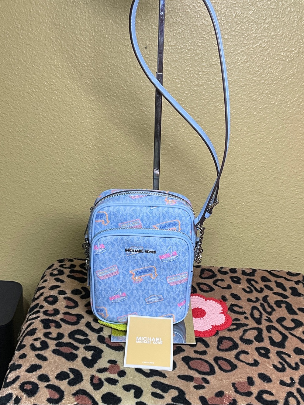 NWOT Michael Kors Baby Blue Crossbody with Multicolor Logo Accents